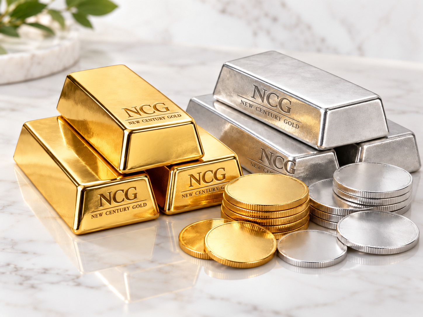 Stacked NCG gold and silver bullion bars