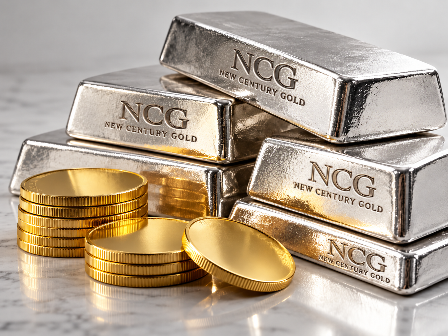 Stacked NCG gold and silver bullion bars and coins